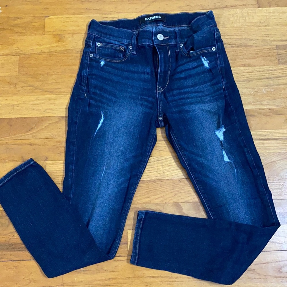 Express dark blue stretch leggings mid rise 4s